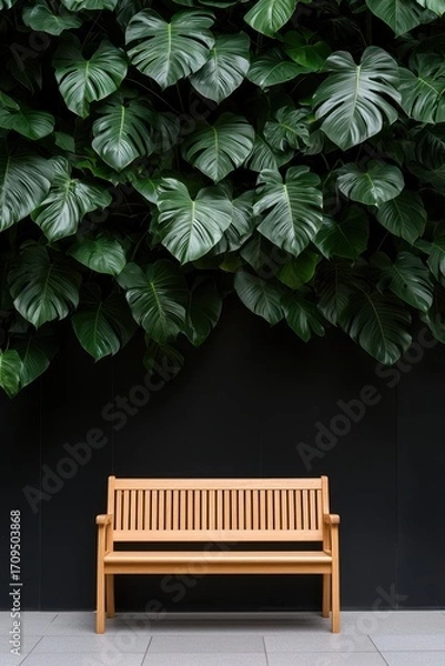 Fototapeta Minimalist wooden bench placed under lush tropical leaves against a dark wall. A stylish combination of nature and design, symbolizing relaxation, modern interiors, and eco-friendly lifestyle.