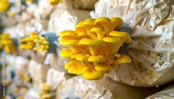 Fototapeta Close-up of clusters of yellow mushrooms