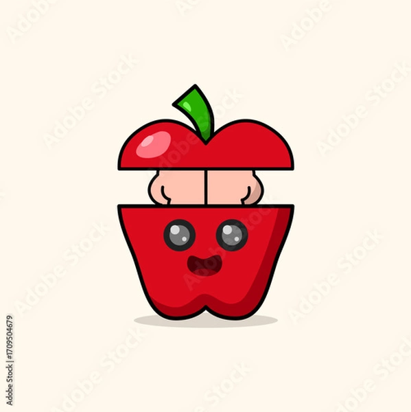 Fototapeta Cute cartoon apple character features big eyes and tiny hands in a playful design.