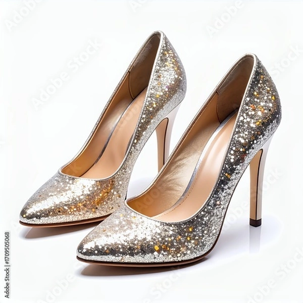 Fototapeta Sparkling pumps elegantly presented on a clean backdrop, showcasing their shimmer
