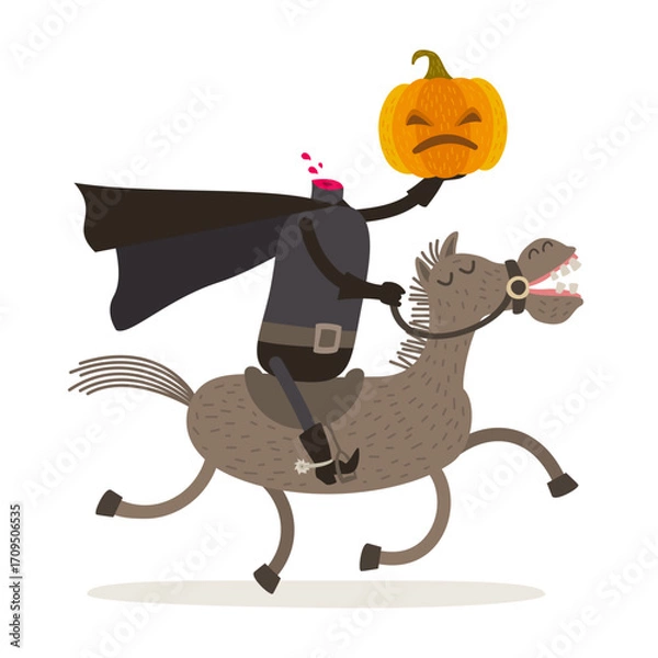 Fototapeta Headless Horseman Riding with a Pumpkin Head Halloween Cartoon Vector Illustration.