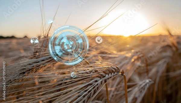 Fototapeta Wheat Field with Agricultural Technology Overlay at Golden Hour
