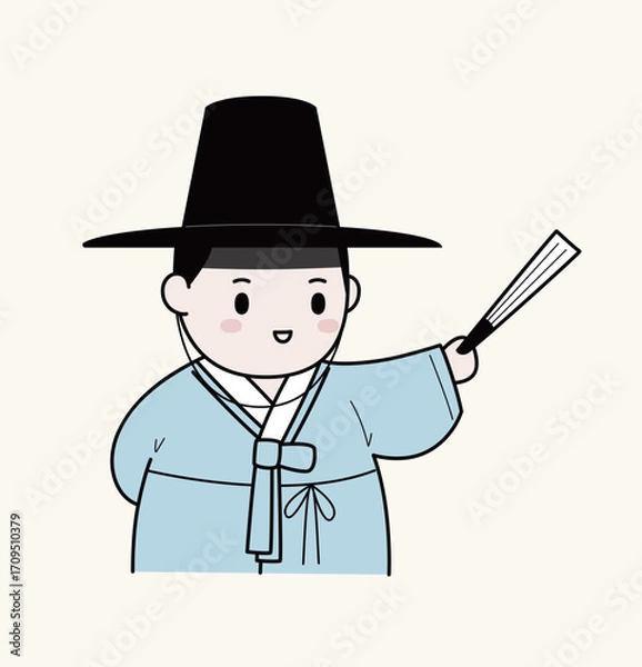 Obraz Korean scholar character illustration in a gat hat holding a folding fan