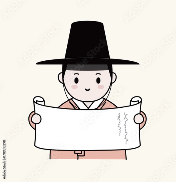 Obraz Korean scholar character illustration in a gat hat holding a scroll paper