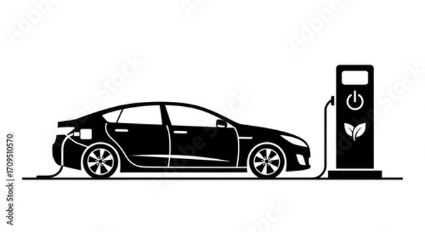 Fototapeta Black electric car charging at a station with a power symbol and leaves icon, side view, isolated on white created with generated ai