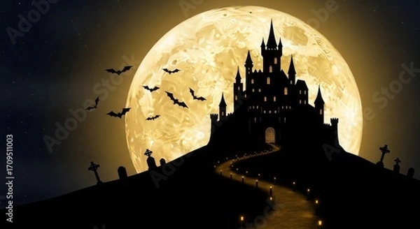 Fototapeta Spooky haunted castle silhouette against a large full moon with bats flying