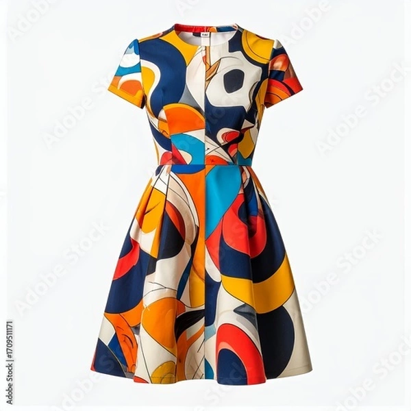Fototapeta Colorful geometric pattern dress displayed on a clean white background, highlighting design