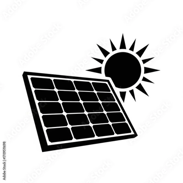 Fototapeta Illustration of a solar panel with multiple cells and a sun symbol radiating light in black and white created with generated ai