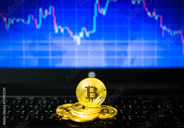 Obraz gold bitcoins on key board and BTC trading chart in background, Financial concept