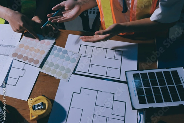 Fototapeta Closeup of team of industrial engineers meeting analyze machinery blueprints consult project on table in manufacturing factory. Working in manufacturing plant or production plant.