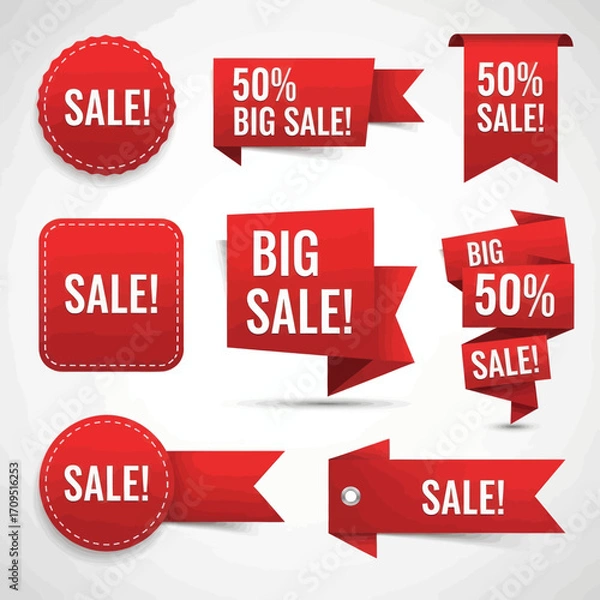 Fototapeta Collection of red sale tags and banners with different shapes and designs.