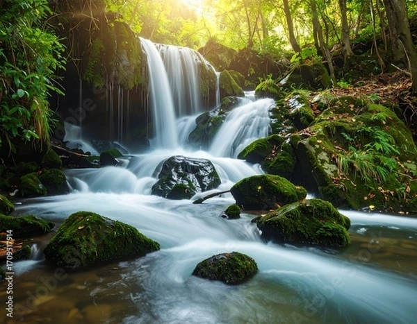 Obraz Waterfall cascading through mossy rocks in forest