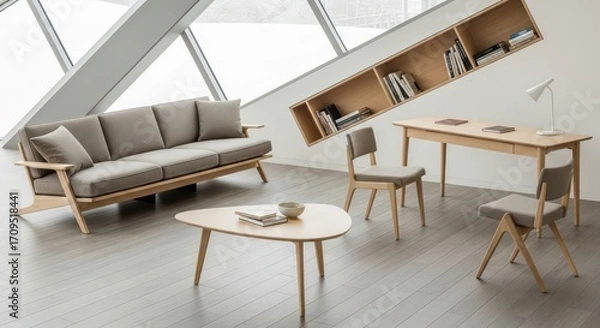 Fototapeta Modern living room with angled bookshelf, sofa, table, chairs, and geometric window