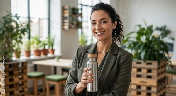 Fototapeta business woman holding a reusable ecofriendly water bottle in office, a healthy and water taking routine concept