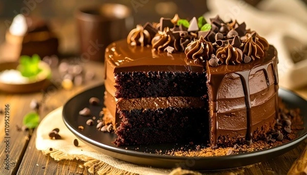 Obraz Chocolate cake slice on dark plate