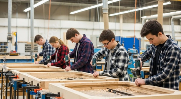 Obraz Students drilling wood frames in workshop