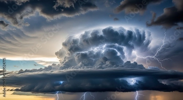 Fototapeta Dramatic Thunderstorm with Intense Lightning Strikes Across a Dark Sky