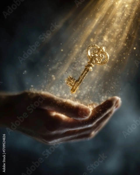 Obraz A golden antique key, glowing with ethereal light, floats above cupped hands shrouded in mystical dust