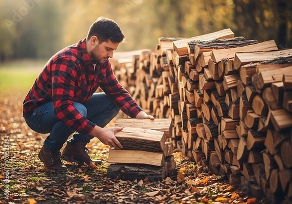 Obraz Man Carefully Arranging Firewood.