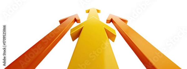 Fototapeta Set of four orange arrows pointing upward in a 3D glossy style, isolated on transparent cutout background