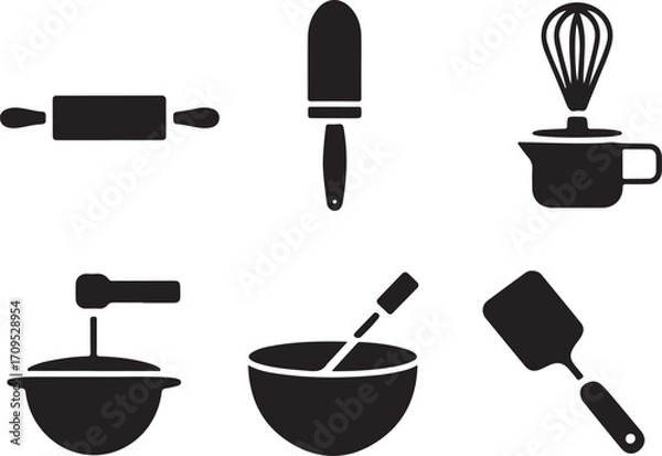Fototapeta A collection of five bold black vector icons representing various baking elements and tools for culinary designs