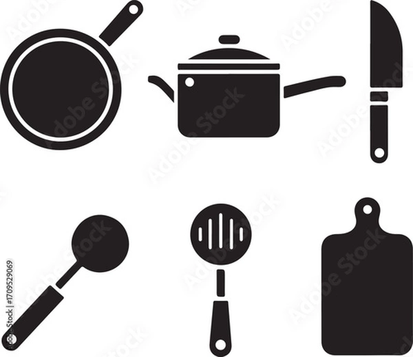 Fototapeta Set of five bold black vector icons for cooking and food related concepts
