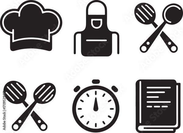 Fototapeta Set of five bold black vector icons for cooking and food related concepts