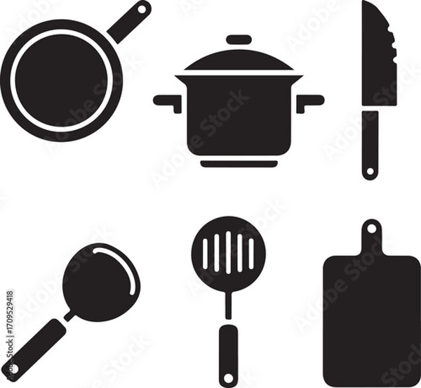 Fototapeta A collection of five bold black vector icons representing various cooking and kitchen utensils perfect for culinary designs