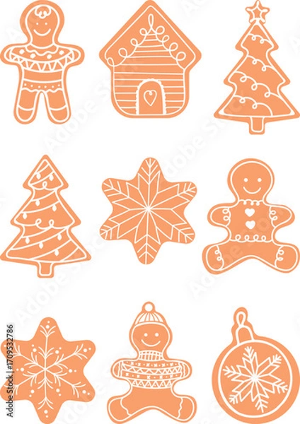 Fototapeta A vector set of Christmas gingerbread cookies: men, house, tree, snowflake and bauble. Festive illustrations for cards, packaging, web graphics and stickers