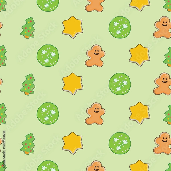 Fototapeta Seamless pattern of cute character shaped cookies isolated on light green background
