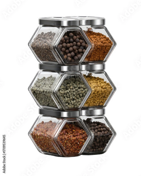 Fototapeta Stacked hexagonal spice jars