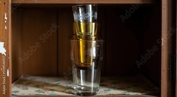 Fototapeta Stacked Glasses Inside a Wooden Cabinet with Floral Patterned Shelf