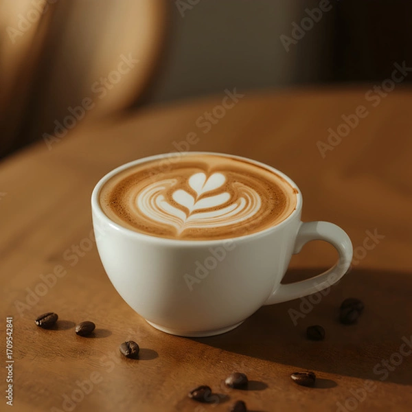 Obraz Delicious latte art coffee in a white cup on a wooden table