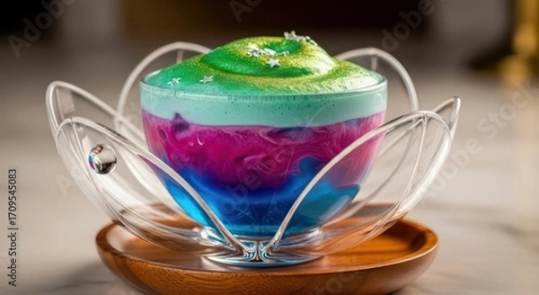 Fototapeta Multicolored layered drink with green foam and star sprinkles in a clear lotus shaped glass