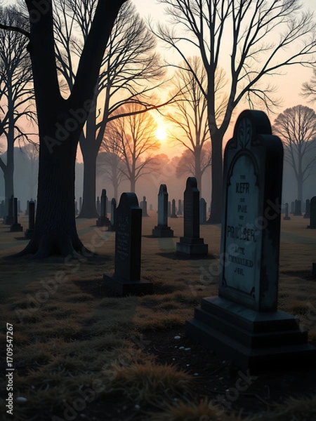 Obraz deserted graveyard dusk soft golden light fading behind trees casting long shadows across weathered headstones