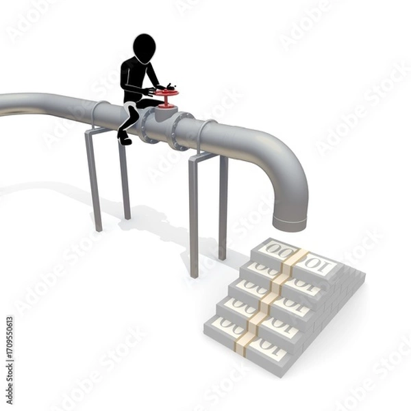 Obraz お金の流れを調整する作業員。パイプのバルブを操作し、利益やビジネスの管理を行う様子を象徴的に表現しています。金融、経済、投資、ビジネス関連のプロジェクトに最適なイラストです。