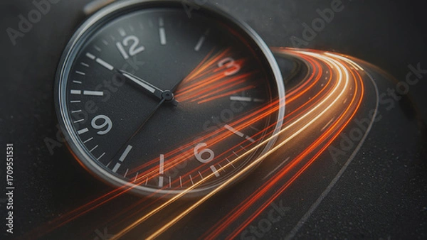 Fototapeta Time Travel: An artistic depiction of time passing, a sleek watch face is placed centrally, with glowing light trails mimicking the passage of time and a winding road.