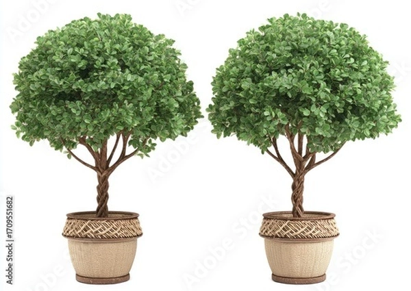 Fototapeta Two identical potted topiary trees against white