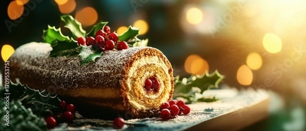 Fototapeta A festive Yule log cake garnished with holly and red berries, beautifully presented with a soft, warm glow from the background lights.