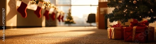 Fototapeta A cozy holiday scene features a Christmas tree, wrapped gifts, and stockings hung by a window, illuminated by warm golden sunlight.