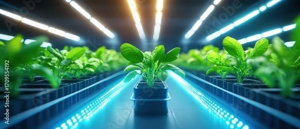 Fototapeta A vibrant indoor garden with rows of healthy plants illuminated by bright LED lights.