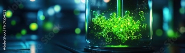 Fototapeta A vibrant green mixture bubbles in a glass container, illuminated by soft lighting, suggesting a scientific or experimental environment.