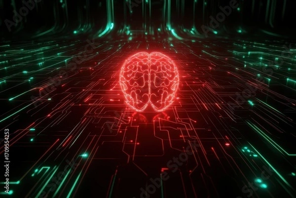 Fototapeta A digital representation of a glowing red brain surrounded by intricate circuitry, symbolizing the intersection of technology and neuroscience.