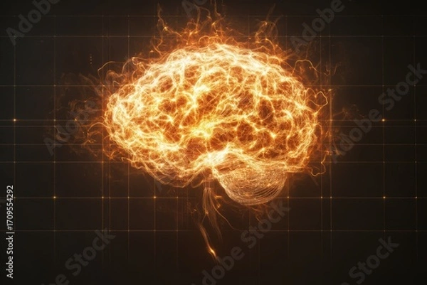 Fototapeta A striking image of a glowing brain made of vibrant, swirling lines, symbolizing creativity, intelligence, and neural activity against a dark background.