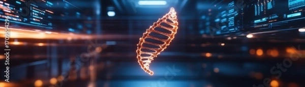 Fototapeta A glowing DNA strand is displayed in a futuristic environment, highlighting themes of science and technology in genetic research.