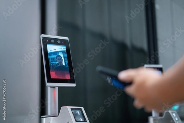 Fototapeta man passes through the office entrance turnstile via face recognition