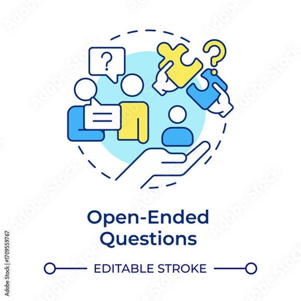 Fototapeta Open-ended questions multi color concept icon. Conversation, dialogue. Social communication. Round shape line illustration. Abstract idea. Graphic design. Easy to use in booklet, blog post