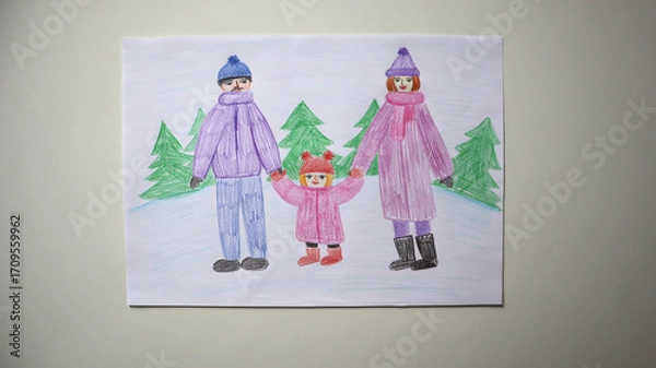 Fototapeta Child's drawing family on winter walking. Parents and their daughter are standing hand in hand against snowy landscape with fir trees. Dressed in warm winter clothes. Colored pencils. White background