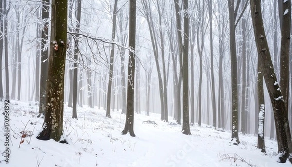 Obraz Snowy forest path, misty winter scene
