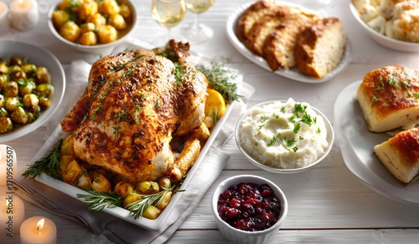 Fototapeta Creative food holiday template. Huge rotisserie chicken turkey with mashed potato cornbread bun, cranberry sauce, wine, burning candle on white wooden table. copy text space	

